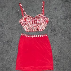 Two piece, red sparkly dress